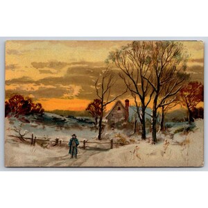 Postkarte Landschaft Feld Bäume Schnee Haus Bauernhof Kunst Malerei Aquarell 0388