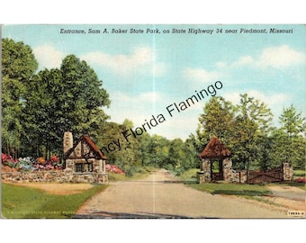 Vintage ansichtkaart ingang Sam A. Baker State Park Missouri Piedmont Hwy 34 Stone Gate ongebruikt 890