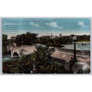 Most z lat 20. XX wieku z Goat Isle do stałego lądu Niagara Falls w Nowym Jorku, pocztówka vintage 0254