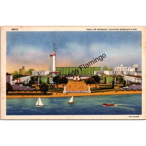 Hall of Science Chicago World’s Fair Postcard 1933–34, Lake Michigan View, Curt Teich Linen