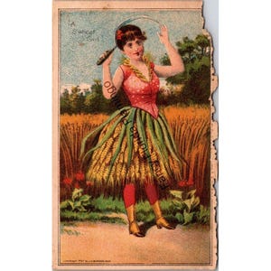 Puede incluir: Ilustración vintage de una mujer con un vestido temático de trigo, sosteniendo una hoz. La obra de arte presenta una parte superior rosa con lunares blancos, una falda de trigo y leggings rojos. El fondo muestra un campo de trigo y un cielo azul.