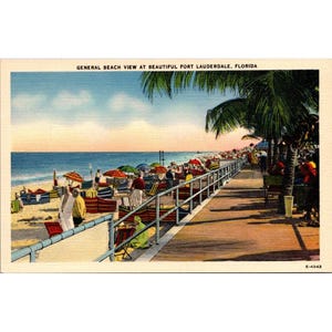 Postal vintage de lino: Vista de la playa de Fort Lauderdale, Florida: Sombrillas, paseo marítimo y palmeras 226