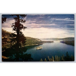 Carte postale vintage Lake Tahoe en Californie, vue d'Emerald Bay à l'autre côté du Nevada 0509