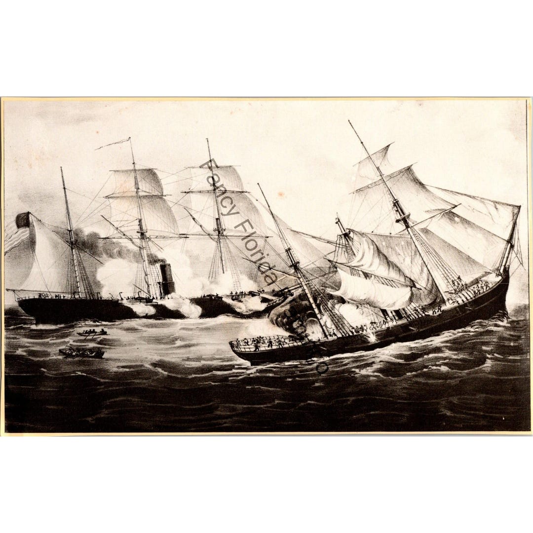 Antique Original Book Illustration – Naval Battle of USS Kearsarge Vs ...