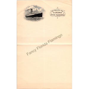 Hoja membretada del transatlántico vintage RMS Samaria de Cunard Line, década de 1920-1950