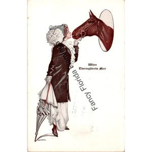 Postal antigua «Cuando los purasangres se encuentran» de Chas. W. Holmes, Humor ecuestre, década de 1910, 1044