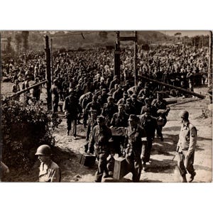 WWII Original Photo — German Prisoners of War Entering Allied Camp, Guarded by American Soldiers — Historic Military Image