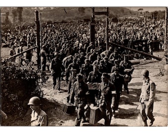 WWII Original Photo — German Prisoners of War Entering Allied Camp, Guarded by American Soldiers — Historic Military Image