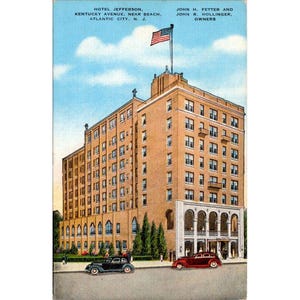 Cartão postal vintage do Hotel Jefferson – Atlantic City, NJ – Avenida Kentucky perto da praia – Linho dos anos 1940 E.C. Kropp 870