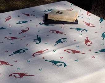 ブロックプリントのコットンテーブルクロス、赤と緑の長いテーブル