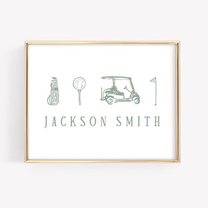 Decoración de guardería con tema de golf, letrero con nombre para guardería, arte de pared personalizado para guardería, arte de pared para habitación de niños, impresión personalizada de golf para guardería, decoración de guardería deportiva