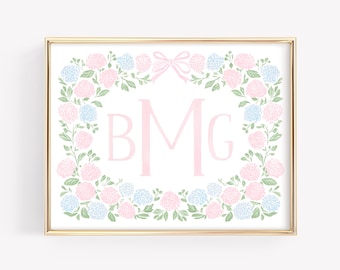 Eerste afdruk bloemenmonogram, aangepaste kinderkamer kunst aan de muur, roze en blauwe aquarel hortensia's, gepersonaliseerde naamafdruk, decor flirt meisje kamer