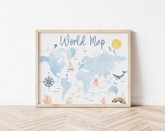 Nautical World Map Print, Under The Sea Nursery Print, Kids World Map Print, Nautical Ocean Animal Poster, Ocean Nursery Print, Ocean Animal