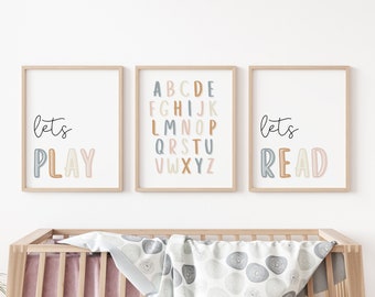 Lets Play Printable Set of 3, Lets Play Set, Rainbow Alphabet Poster, Lets Read, Lets Play Sign, Playroom Wall Decor, Wall Art For Kids