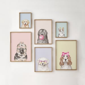 Impressions de portrait de chien, ensemble de 6 chiens différents, illustration imprimable de chien, affiches drôles de chien, décor de chambre d'enfants, chiens avec des accessoires, pépinière