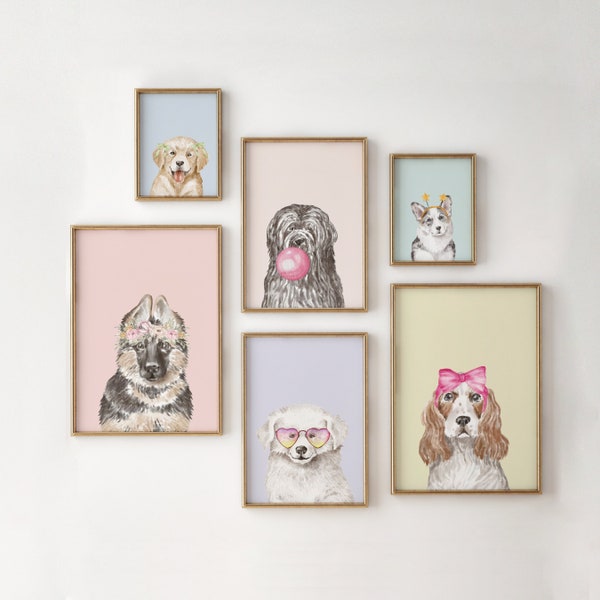 Hunde Portrait Drucke, Set aus 6 verschiedenen Hunden, druckbare Hunde Illustration, lustige Hunde Poster, Kinderzimmer Dekor, Hunde mit Zubehör, Kinderzimmer
