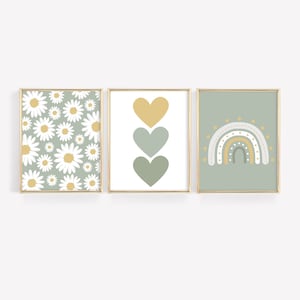 Conjunto de 3 decoración de guardería verde salvia, estampado boho para la habitación del bebé, impresiones de sala de juegos para niños, arte de pared verde salvia y amarillo, estampado de arco iris y corazón