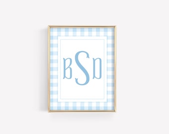 Fishtail Monogram Wall Art Baby Boy, Blue Gingham Nursery Wall Decor, Name Art Print For Nursery, Neutral Nursery Decor, Watercolor Name Art