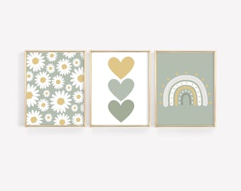 Conjunto de 3 decoración de guardería verde salvia, estampado boho para la habitación del bebé, impresiones de sala de juegos para niños, arte de pared verde salvia y amarillo, estampado de arco iris y corazón