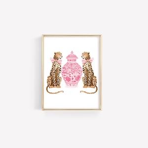 Aquarell Chinoiserie druckbare, rosa Ingwer Glas Dekor, Grandmillennial Wandkunst, Mädchen Zimmer Dekor, Chinoiserie Gepard Kunstdruck, rosablau