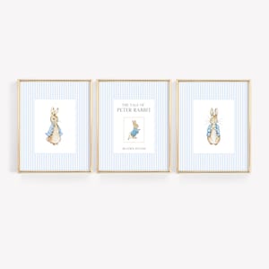Può includere: Tre stampe incorniciate con sfondi a strisce blu e bianche. La stampa centrale presenta il testo "The Tale of Peter Rabbit" con un'illustrazione di Peter Rabbit con una giacca blu. Le stampe a sinistra e a destra presentano illustrazioni di Peter Rabbit con una giacca blu.