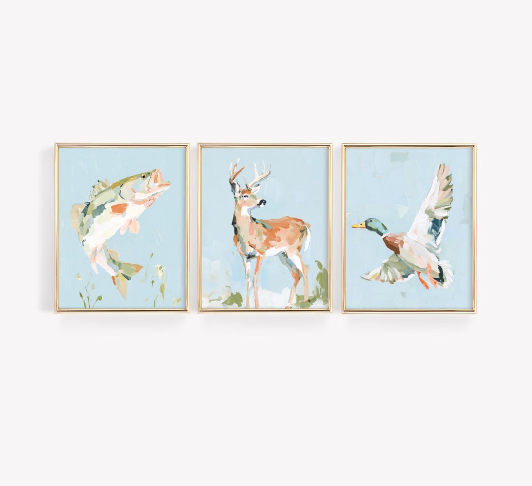 Mallard Duck Deer Fish Nursery Wall Art Set of 3, Baby Boy Hunting ...