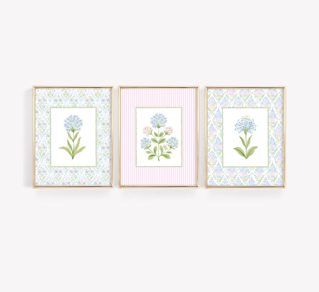 Floral Nursery Wall Art Set of 3, Pastel Blue & Pink Botanical Prints ...