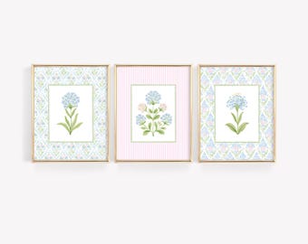 Floral Nursery Wall Art Set of 3, Pastel Blue & Pink Botanical Prints, Baby Girl Nursery Decor, Preppy Dorm Wall Art