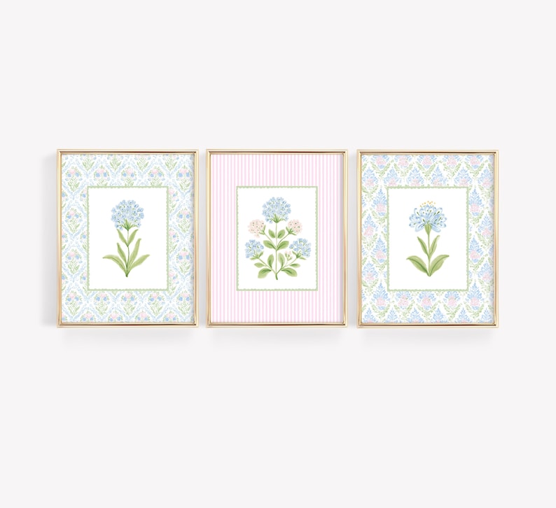 Floral Nursery Wall Art Set of 3, Pastel Blue & Pink Botanical Prints ...