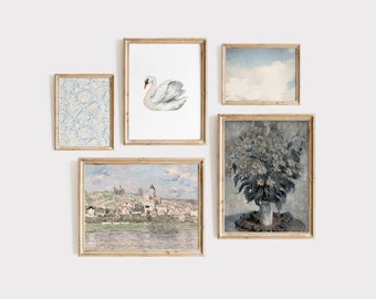 Vintage Nursery Gallery Wall Art Set de cinco, decoración de guardería neutral de género, decoración de habitación para niñas, estampados de guardería en colores pastel suaves, guardería de granja