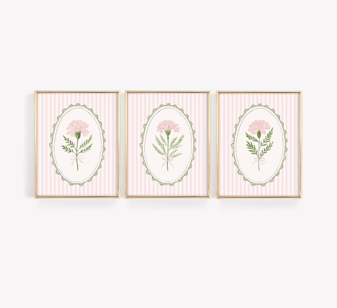 Pink and Green Floral Nursery Wall Art Set of 3, Vintage Botanical Baby ...