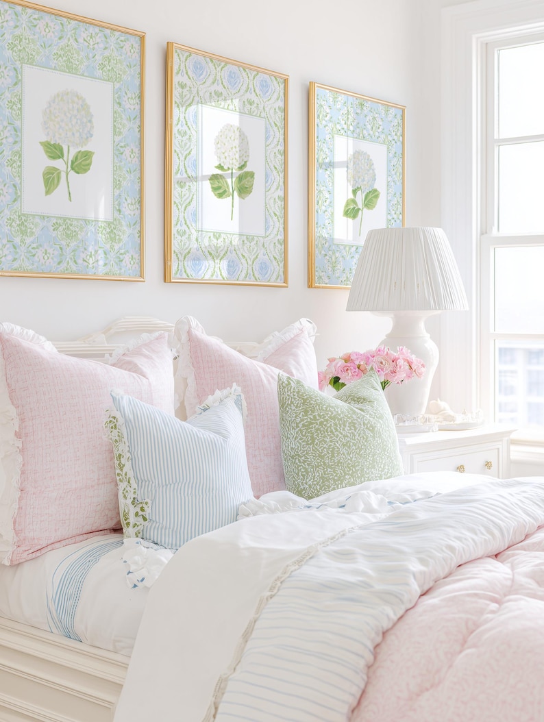 Blue & Green Hydrangea Wall Art: Grandmillennial Nursery Print Set of 3 (Digital Download) image 4