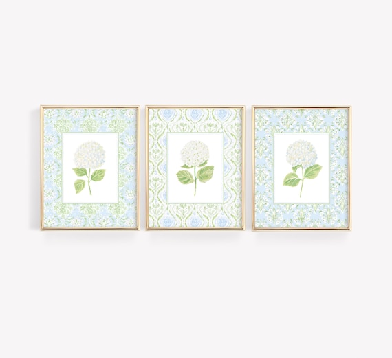 Blue & Green Hydrangea Wall Art: Grandmillennial Nursery Print Set of 3 (Digital Download)