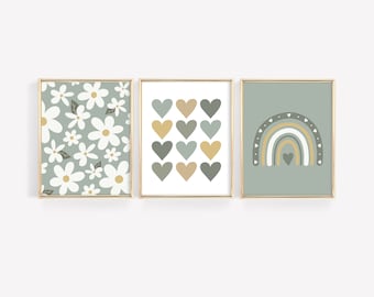 Juego de 3 piezas de decoración de guardería en verde salvia, arte de guardería en verde salvia y amarillo, póster con estampado de arcoíris y corazones, estampado bohemio para habitación de bebé y sala de juegos infantil