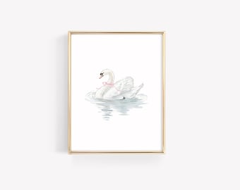 水彩画の白鳥のアートプリント、女の子の赤ちゃんの部屋の装飾、リボンの白鳥のウォールアート、コケットルームの装飾、パステルピンクの子供部屋のウォールプリント、ヴィンテージの白鳥のアート