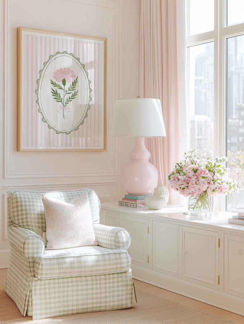 Pink and Green Floral Nursery Wall Art Set of 3, Vintage Botanical Baby ...