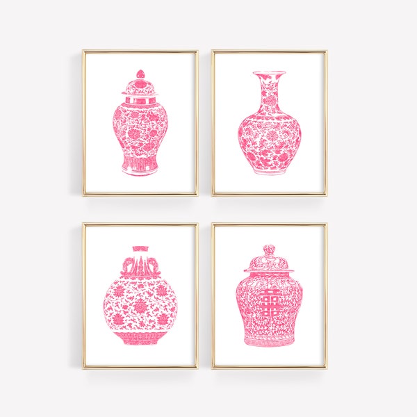 Watercolor Chinoiserie Vases, Pink Ginger Jar Art Prints, Pink Chinoiserie Chic Decor, Girl Room Decor, Pink China Vase Print, Chinoiserie