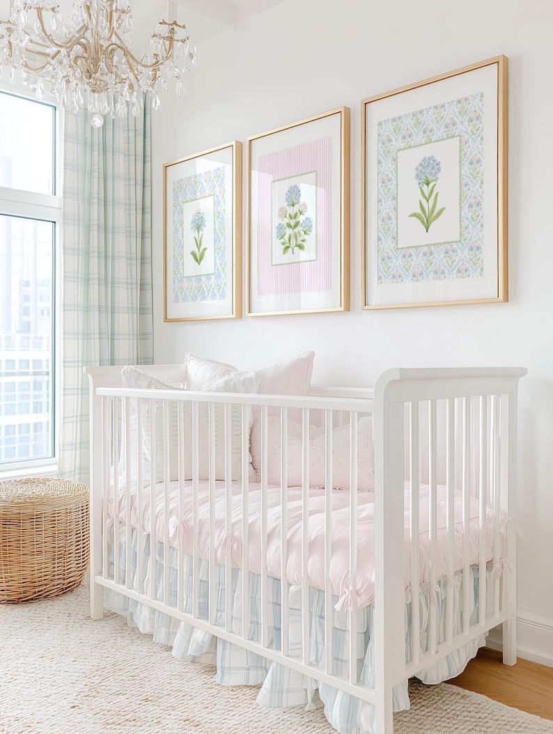 Floral Nursery Wall Art Set of 3, Pastel Blue & Pink Botanical Prints ...