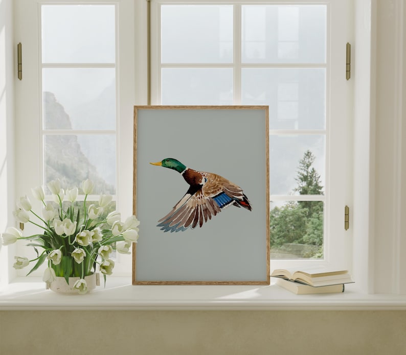 May include: A framed print of a mallard duck in flight against a light blue background. The duck is brown, green, and blue with its wings spread wide.