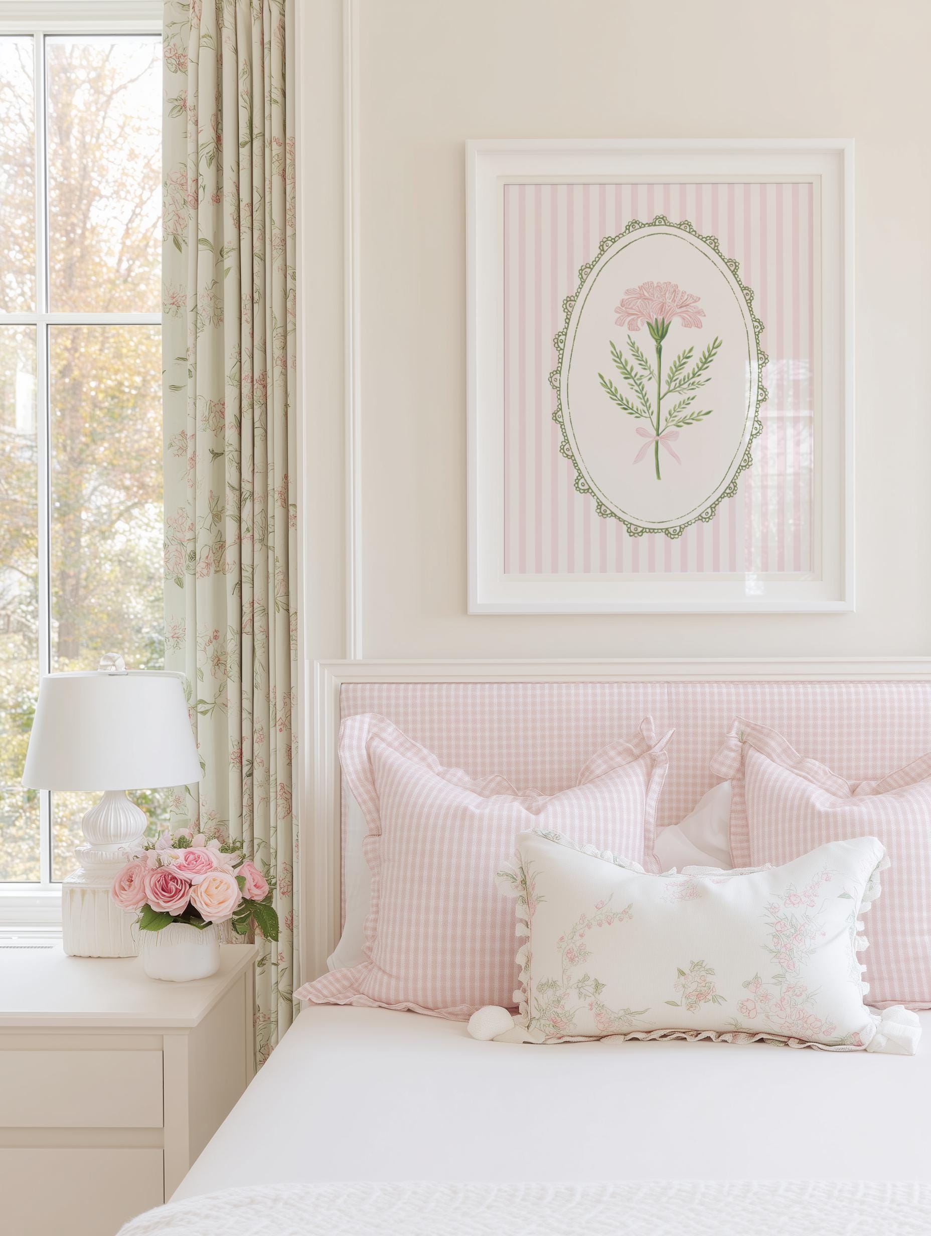 Pink and Green Floral Nursery Wall Art Set of 3, Vintage Botanical Baby ...