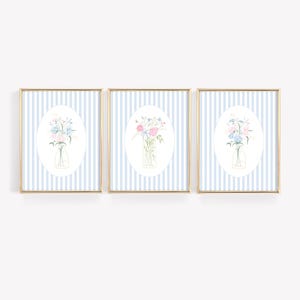 Floral Bouquet Wall Print, Nursery Wall Decor, Fine Line Botanical Print, Blue Striped Floral Print, Pink Vintage Flower, Girly Wall Art Set
