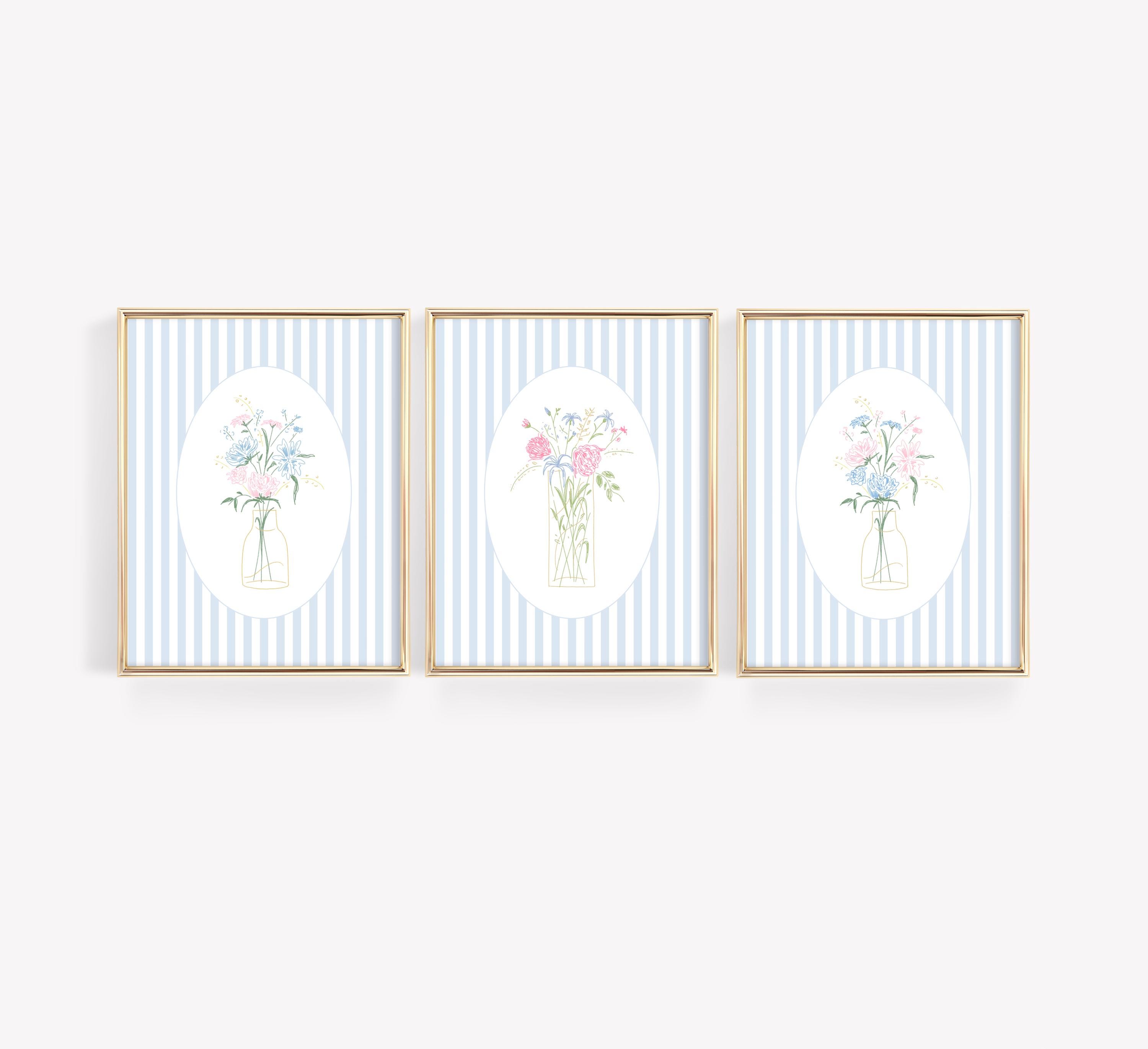 Floral Bouquet Wall Print, Nursery Wall Decor, Fine Line Botanical Print, Blue Striped Floral Print, Pink Vintage Flower, Girly Wall Art Set
