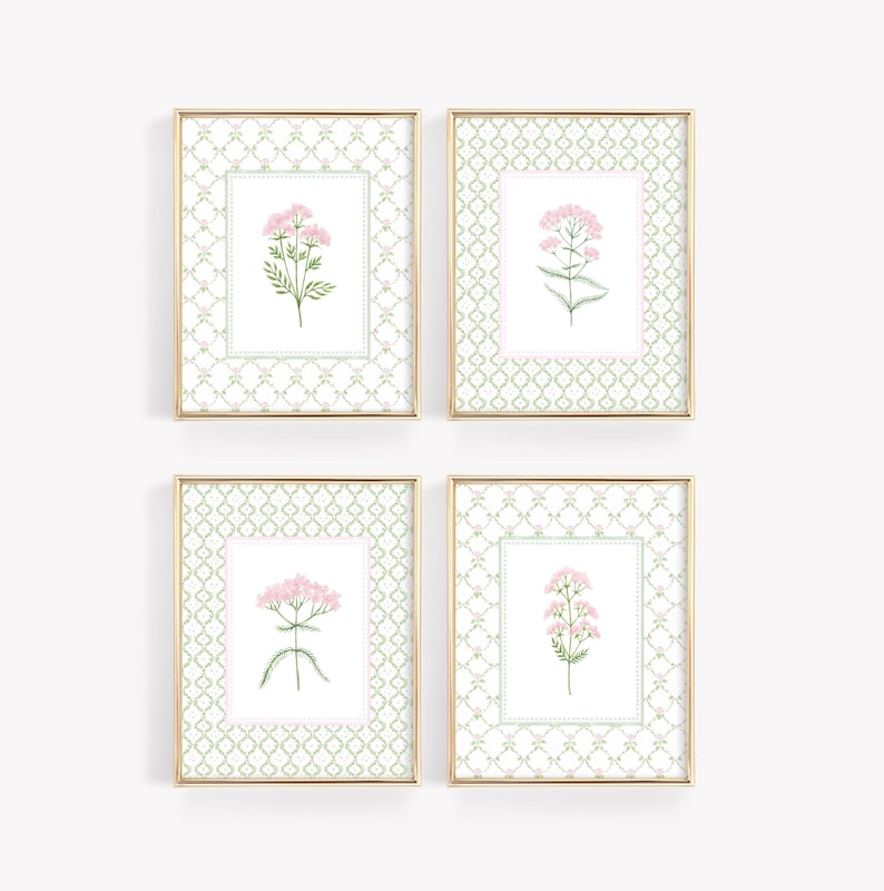 May include: Set of four framed prints featuring pink and green floral illustrations on a white background with a green and white patterned border. The frames are gold.