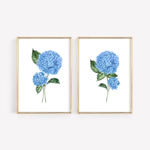 Watercolor Hydrangea Prints, Modern Watercolor Minimalist Art, Coastal Wall Decor, Botanical Wall Art, Blue Hydrangea, Chinoiserie Bedroom