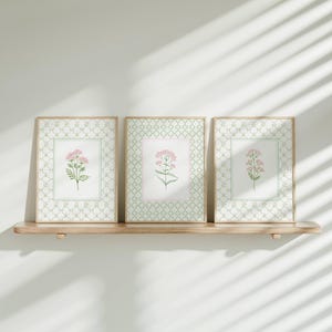 May include: Three framed prints with a white background and a green and white geometric pattern. Each print features a pink flower with green leaves.