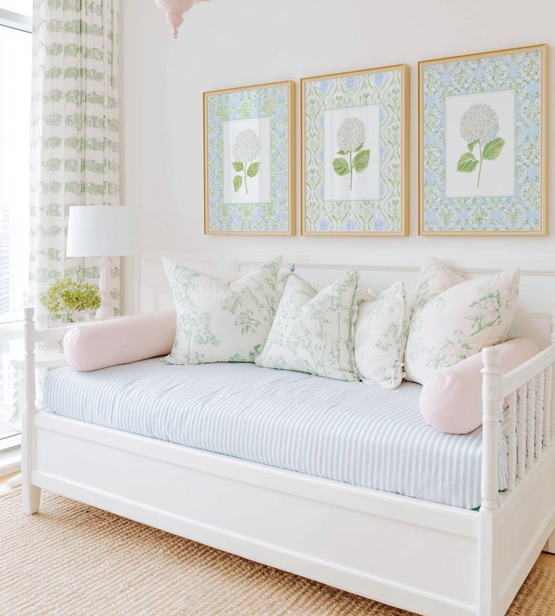 Blue & Green Hydrangea Wall Art: Grandmillennial Nursery Print Set of 3 (Digital Download) image 3