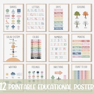 Set of 12 Educational Posters, Montessori Classroom Decor, Home School Prints, Neutral Kids Decor, Toddler Playroom Decor, Alphabet Chart