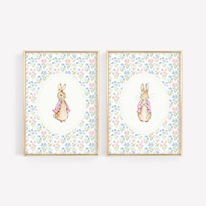Decoración de guardería de Peter Rabbit, Decoración de cabaña, Impresión de Beatrix Potter, Impresión de conejito floral, Decoración de habitación de guardería de niña, Impresión de arte de guardería de conejito