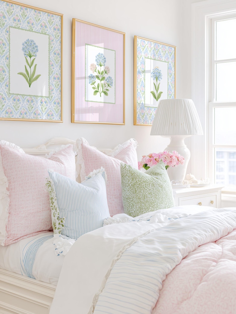 Floral Nursery Wall Art Set of 3, Pastel Blue & Pink Botanical Prints ...