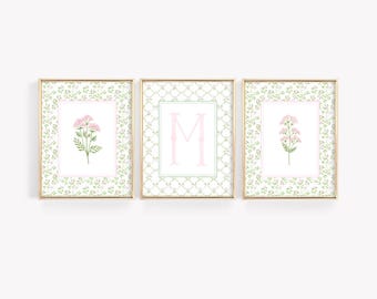 Floral Nursery Monogram Art, Personalized Initial Print, Baby Girl Name Sign, Wildflower Print Set, Floral Nursery Decor, Custom Wall Art